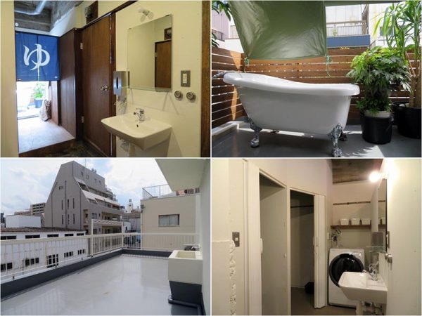洗面台の向こうにバスタブが置かれたバルコニーがある。もちろん、シャワールーム、バスルームや洗濯機などの共用部も用意されている。屋上も自分たちの空間として使える