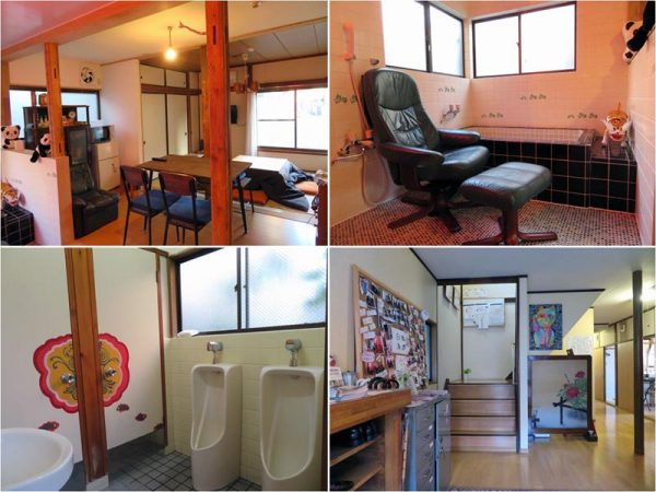 上2枚は1階にある共用の空間。意外に、こたつが人気とのこと。右下は入ったところ。以前から置かれていた衝立などはあえて残してある。トイレにも絵