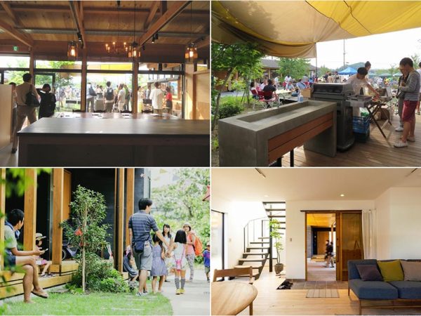 上の2点はネスティングパーク黒川。シェアオフィスの向こうには焚き火もできる緑の庭が広がる。都会とは全く異なる働く場である。下２点は鵠の杜舎。住戸が向き合い、互いの動線が交わるように配置されているのがお分かりいただけようか