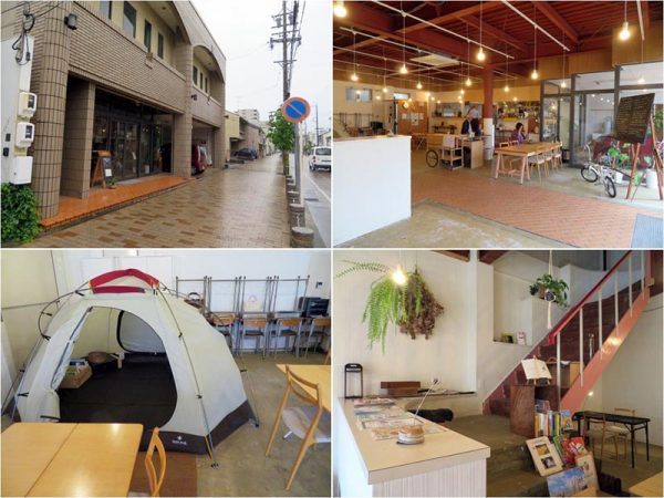 左上から時計周りに外観、天井が高く、広々とした店内、今のところ使われていないが２階もある、店内にはご近所にあるスノーピークスのテントも置かれており、楽しげな雰囲気
