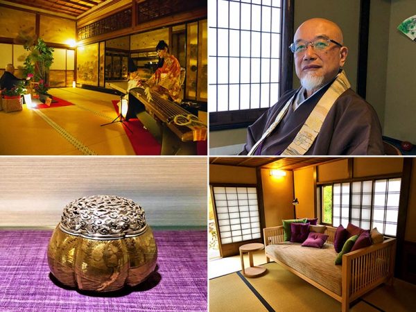 （左上）御殿で体験できる文化体験の一例。写真提供／仁和寺（右上）仁和寺執行の大石隆淳さん。（右下）松林庵1階の座敷。(左下）展示ケースに納められた皇室ゆかりの宝物
