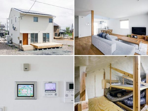 最初に通された吹き抜けのある家。リビングに吹抜けがある開放的な作りで、普通ならエアコン1台ではとても無理と思うが、ごく普通の市販のエアコンが家中を冷やしていた。その状況を壁面のパネルでチェック。撮影／Isao Negishi