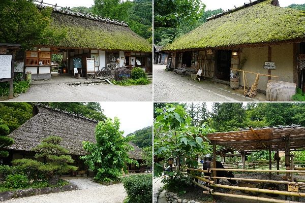 左上／受付窓口がある長屋門。左下／足助屋敷の母屋。右上／かご屋の建物のみ、築200年の古民家を移築したもの。右下／敷地内では牛や鶏を飼っており、全体で山里の暮らしを再現
