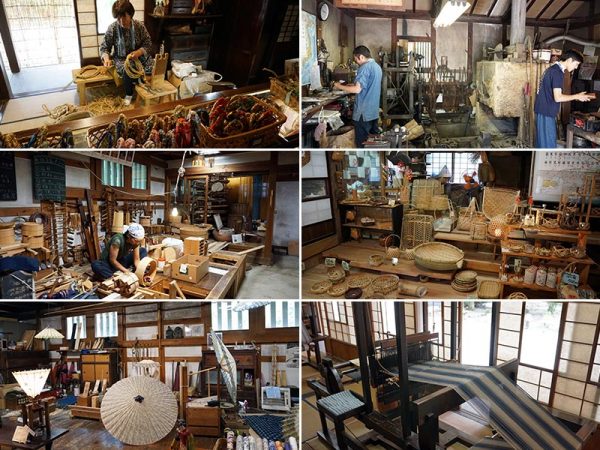足助屋敷で見られる手仕事の作業風景。右上から時計回りに、鍛冶屋、竹かご屋、機織り、傘張り＆傘骨作り、桶屋、わら細工。できた商品は販売もしている。また、わら細工や竹細工などは体験実習も行っている