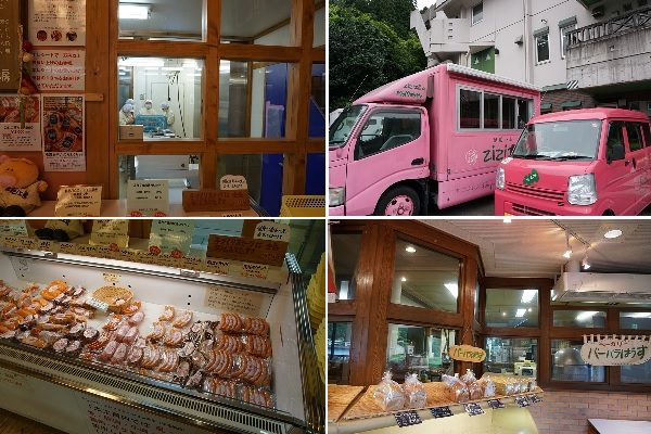 左上／まちの高齢者がいきいきと働く「ZIZI工房」。左下／ZIZI工房の商品は、愛知県産の肉を中心に使用している。種類も豊富で、お中元やお歳暮などの贈り物にする人も多いそう。右上／イベント出店依頼には、この車で出張する。左の車はキッチンカーになっており、焼きたてのフランクフルトを提供している。右下／ベーカリーの「バーバラはうす」。取材に訪れた日は日曜日の夕方近くということもあり、多くの商品が売り切れになっていた