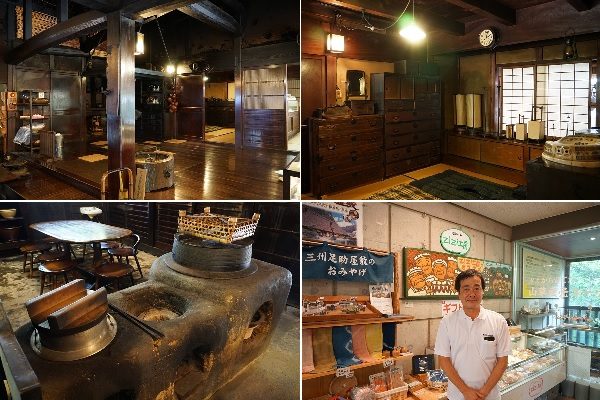 左上／母屋の囲炉裏端。経年による柱や床の色つやが美しい。左下／母屋にあるかまど。以前は、実際にここでご飯を炊き、従業員がお昼に食していたという。右上／こちらも母屋の内部。展示してあるものから、かつての暮らしを知ることができる。右下／今回お話を伺った、三州足助公社の岡村達司さん。岡村さんは名古屋出身で、足助屋敷の求人募集をきっかけに、足助町へ移り住んだ