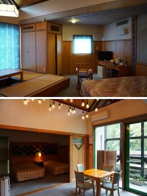 上／和洋室の201号室。コンクリートと木がミックスされた内装で、ブルーのタイルがアクセントに。畳の部分は、掘りごたつが備えられている。下／特別室の205号室。裸電球がいくつも吊り下げられておしゃれ