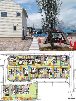 植栽が入っていないため、イメージしにくいが、いずれは緑に覆われるようになるはず。住戸間の小道は秘密の小道っぽくもある