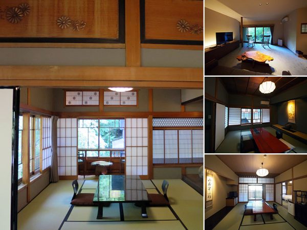 組子細工などの細やかな建具が印象的な大正レトロの「旧館」。洋室中心ながら和テイストのバランスが落ち着く「新館」。個性的な建具など贅を尽くし一つとして同じ意匠がない離れの「洛味荘」。全18室中温泉付きのお部屋も8室。