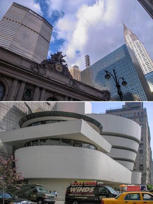 上／グランド・セントラル駅の背後にそびえるパンナム・ビル（左）。現在は「メットライフ・ビル」になっている　</br>下／グッゲンハイム美術館