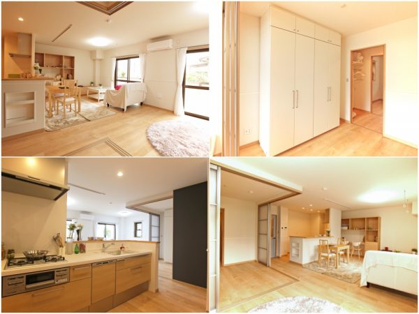 左上／LDKと洋室を合わせて約24畳の広さ。ゆとりのある暮らしが楽しめる　右上／簡単に動かせる可動間仕切り収納　</br>左下／食洗器を標準仕様としたキッチン。吊り戸棚がないため開放感がある　右下／空間を仕切れば個室にできる。</br>奥は子どもの勉強にも便利なスタディカウンター。キッチンで家事をしながらでも目が届きやすい