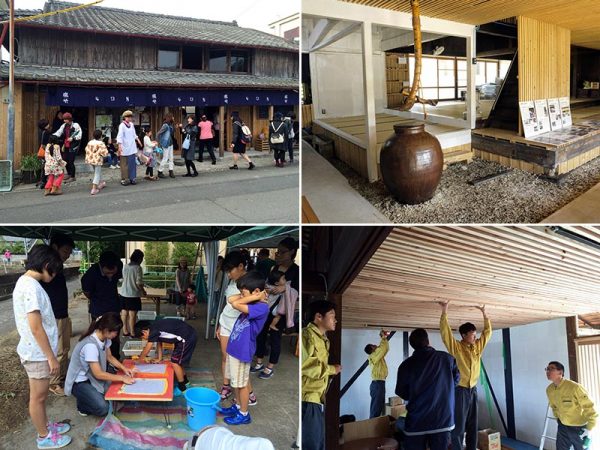 「塩や、」。「屋」や「家」ではなく「や、」としたのは、空き家再生を今後につなげたい思いから。左上／塩や、で開催された「古民家マーケット」　右上／塩や、内部。甕はもともとここにあったもの　左下／改修では地域住民にも参加してもらって、壁紙を漉くワークショップを開催した　右下／電気工事には頴娃高校電気科の生徒たちが実習を兼ねて参加してくれた</br>（右上以外写真提供：頴娃おこそ会）