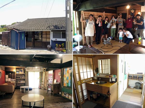 現在の「福のや、」。はじめは福澤さんの住まいの一部を宿にしていたが、現在は専業の一棟貸しの宿だ。工務店による施工とDIYを組み合わせて改修した。みんなで集まるリビングと、カウンター付きのキッチンを設け、一部を仕切って個室をふたつ用意した。掲示板には近隣のおすすめの観光スポットなどが手描きで張り出してある。古い民家には無いことが多い洗面台も手づくりで新設。合板でつくった箱にシンクをはめ込んでいる。右上の写真は改修中の様子。左端が福澤さん。旅行会社や観光協会で働いた経験を持つ。旅に送り出す側よりも、迎えてもてなす側に立ちたい、と頴娃への移住を決めたそうだ（左上写真提供：頴娃おこそ会）