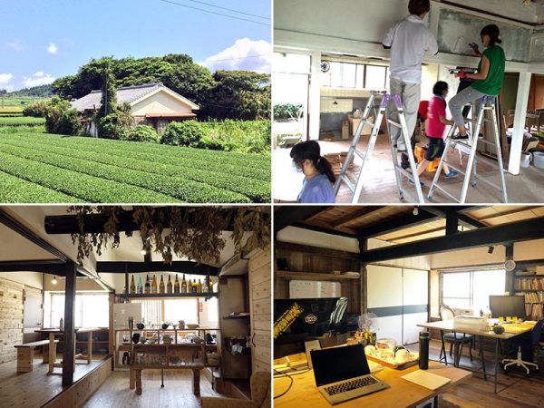 左上／頴娃の農村地帯、茶畑が広がるエリアの地域拠点「茶や、」。地域で立ち上げた「茶寿会」メンバーを中心に、合宿に訪れた学生たちや美術作家の支援も得て、約2年かけて改修した　右上／学生たちによる「茶や、」改修の様子　下2点／ひとつの敷地に2棟並んでいたことから名前は「ふたつや、」。左は「母屋」で、半分を地域の集会にも使えるリビングダイニングスペースに、半分を仕切って簡易宿泊所にしている。右は「離れ」。県内外から移住してきて頴娃で活躍する人たちのシェアオフィスだ。市役所の職員や近隣住人など、さまざまな人が気軽に出入りし、新しい仕事やプロジェクトのきっかけが生まれる</br>（上2点写真提供：頴娃おこそ会）