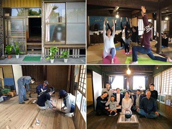 「つきのや、」。古民家ヨガ教室の屋号「月下美人」にちなんで名付けた。左下はワークショップの様子。右下は上村さんの希望で加藤さんがつくった「囲炉裏」。洋風の窓も手づくりしたという。前列中央が上村さん、右端が加藤さん</br>（左上以外写真提供：頴娃おこそ会）
