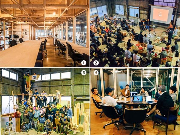 ①倉庫内につくられたシェアオフィス<br>②オープニングレセプションでは100人を超える人が集まった<br>③親子のための遊びを提案する「原っぱ大学」とのコラボで実現したワークショップ。倉庫内に半年間かけて秘密基地をつくるプロジェクト「セイシュンラボ」も始動<br>④いいアイデアが浮かびそうなシェアオフィス内のミーティングスペース。各々のプロジェクトについて相談したり、来客との打ち合わせにも使用できる