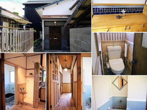 3戸目は、松葉荘や松葉ハウスから少し離れた「松葉ハウス離れ」。もともと玄関周り（左上の写真）に貼ってあったタイルの色に合わせ、玄関内にもタイルを貼った（右上）。キッチンと浴室の間に棚を設け、カーテンレールを付けて洗濯機置き場と脱衣室に（下左）。廊下とLDKの間の扉は岡村さんと井上さんが製作した（下中）。トイレや浴室の鏡周りもタイルで彩りを添えた（右下2点）