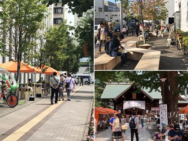 写真左）まちの動きを創る取り組み「まちのリビング」写真右上）設置された木製ベンチでのんびりと休む人も</br>写真右下）北海道神宮頓宮の協力も得て「さっぽろ下町マルシェ」も開催