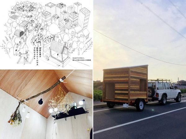 ◆写真左上/沼田さんがイラストで描いた未来予想図。屋上、空き地、公園、いろいろな場所でタイニーハウスの可能性が光る。母屋をシェアする新しいライフスタイルも生まれてくるかもしれない<br>
◆写真左下/室内は居心地のいいカフェ風インテリアにも。「断熱模型とかモデルハウス的な”いかにも”な見せ方はしたくなくて。可愛い小屋でしょ、でも実はね…っていう驚きから入ってほしいんです」と沼田さん。興味をもってもらうためには、見た目の可愛さも大事なのだ<br>
◆写真右/普通免許でけん引できる最大重量750kg以内に収めるため軽い杉材を、屋根にはガルバリウム鋼板を使用している
