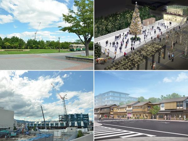 左上／飲食店と無料休憩所、そしてアイススケートリンクができる梅小路公園七条入口広場東側　右上／長さ50m・幅14mのアイススケートリンクのイメージ図（提案時の図であり、実際の整備内容は異なる場合がある）　左下／手前が町家風建築の“賑わい施設”ができる敷地。七条通を挟み、奥は“食”と“職”をテーマにした商業施設とホテルの複合施設を建設中　右下／食”と“職”をテーマにした商業施設とホテルの複合施設のイメージ図