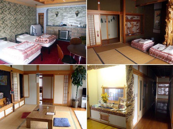 重厚な雰囲気が特徴の洋室（左上）、和室（右上）、共同スペース（左下）、小上がり