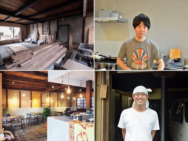 左上／改装中の「アーキテンポ」。もともとは紳士服を扱う店だったそうだ　左下／「アーキテンポ」とは、空き店舗、主（あるじ）を意味するarchi、建築家を意味するarchitectから名付けられている　右上／取材に訪れた日、「アーキテンポ」でエスニック料理を提供していた足立雄平さんは、マーケットにも出店。新町商店街で、いろいろな人と出会うのが楽しいと語る　右下／新町商店街のすぐそばにある製麺所の店主・吉見穣（ゆたか）さんも「アーキテンポ」の常連出店者。自社の麺で作るラーメンが好評だ。「目の前で『おいしい』と言う声を聞けるのがうれしいですね」