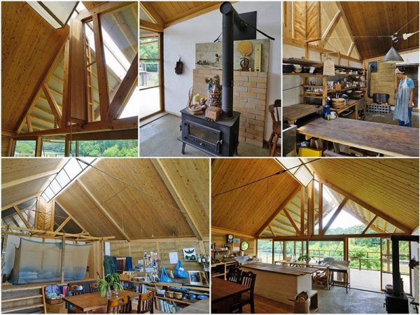 ▲三角屋根の中央にある窓を開けると、外から入ってきた風が下から上へと流れていく。この“登り窯式”の構造により冬場は薪ストーブだけでもかなりの暖が取れるそうだ。宿泊スペースには古道具屋さんからもらったという蚊帳が。「本物の麻には体感温度をマイナス1度下げる効果があると言われていますし、この蚊帳は下の部分だけ藍染になっていて虫の侵入を防ぐ効果があるんですよ。昔のモノって本当に良く考えられているなと感心します」と博子さん。宿泊客には博子さん手縫いの藍染の寝巻きを用意。盛志郎さんが提供する料理の火入れはすべて薪や火鉢を使っており、ガスコンロよりも美味しくパリッと仕上がるという