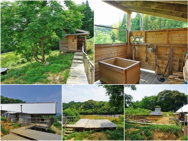 ▲「薪のお風呂は温もりが違う」と評判の宿泊客用露天風呂と、センダンの木が日よけがわりになるウッドテラス。風呂やストーブに使う薪は大工さんから端材を譲り受けたり、台風で折れた木をもらったりと、地元の人から提供されることも多いそうだ。電力会社とは契約をしておらず、合併浄化装置などの最低限必要となる電力については3つの太陽光パネルの自家発電でまかなっている。約1200坪の敷地には未開拓のエリアも。「冷蔵庫やクルマを使わないぶん自給自足が原則なので、今後は庭にもっと果樹を増やしたい。ハゼノキから落ちた実を使ってロウソクやワックスを作るのもいいですね」と博子さん