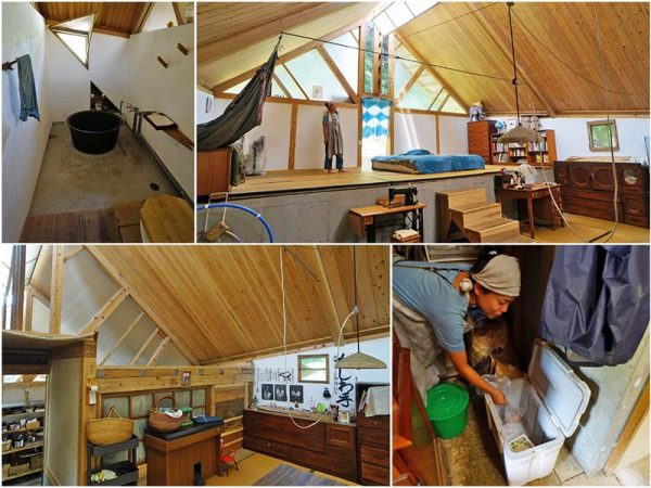 ▲こちらが高岡さんご一家が暮らす自宅スペース。「予算の都合で建物は基礎だけで引き渡してもらい、内装などはすべて教えてもらいながら自分たちでつくりました。直し方も教えてもらったから、壊れても怖くない（笑）」。廃棄予定の畳を畳店から分けてもらい、土間はワークショップを開催して参加者みんなで叩いて作った。なんと壁面の断熱材にも廃棄畳を使っているそうで、冬はとても暖かく快適に過ごせるという。「冷凍庫はあったら便利かなとは思いますが、氷を詰めたクーラボックスで代用しています。野菜は外の菜園で自給自足、マヨネーズやケチャップなどは基本的に手作りです」と博子さん。宿泊スペースでは照明を一切使用せずランプの炎だけが光源となるが、子どもたちの勉強時にはどうしても明りが必要になるため『自宅スペース』では太陽光パネルの自家発電で裸電球を灯している。お風呂は昔懐かしい五右衛門風呂だ