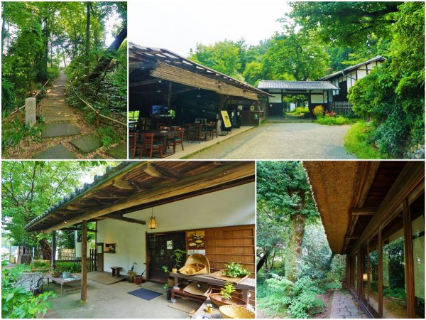 ▲左上から時計回りに：敷地内の竹薮には京都の骨董屋で発見し正子氏が喜んで購入したという『鈴鹿峠』の石碑が／巨大な瓦門は港区高輪の旧家から移設されたもの／日曜大工が趣味で休日はよくガレージにこもっていたという次郎氏。敷地内には最初の愛車PAIGE（の同型車）も展示されている／莫大な維持費がかかるという萱葺き屋根。正子氏は生前「この萱葺き屋根だけは残してほしい」と子どもたちに語っていたという