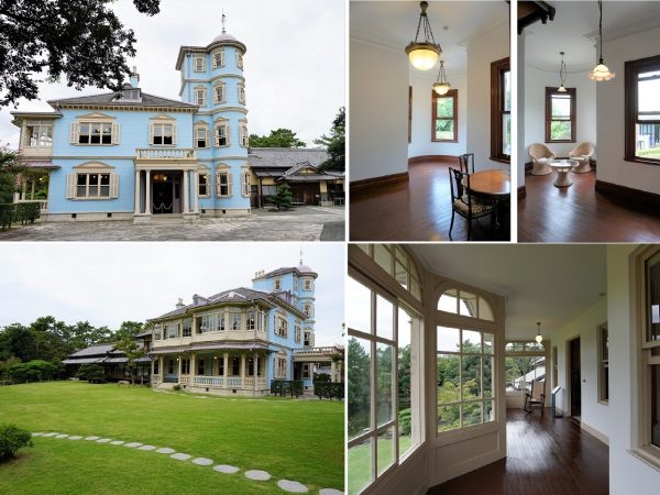 左上／入場口から続くゆるやかなカーブの道の先に現れる洋館の玄関。1945(昭和20)年7月24日にあった桑名空襲により爆弾が敷地内に落ち、玄関扉やガラスなどが被害を受けた。車寄せも倒壊してしまったが、残されていた台座の石を活用し、1992(平成4)年の一般公開前の整備工事で復元された。左下／日本で洋館建設が進められていくなか、日差しが遮られるベランダは明治の中頃から次第に好まれなくなったという。六華苑の2階はサンルームとしてガラス戸張りにすることで日差しが届くように工夫された。右上／応接間として使われていた塔屋の1階(左)と2階(右)。照明器具は戦争の時に供出したため、当時使われていたものに似たデザインのものを取り付けた。右下／2階のサンルーム。窓ガラスは2ミリほどの厚さしかなかったため温度差などで割れてしまい、数枚だけ当時のままのものが残る