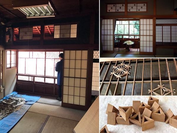 修復前（写真左）と修復後（写真右上）の客室。ガラス戸や欄間などの建具デザインは部屋ごとに異なり、組子が外れた障子戸は同様のパーツを新たに作成するなど実に繊細な修復作業となった