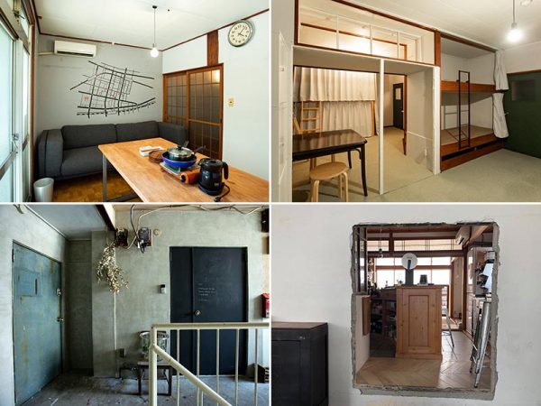 左上）ゲストハウスの多目的スペース。箱崎のマップが壁に書かれている　右上）コンパクトに2段ベッドが備え付けられた宿泊スペース　左下）のれんのある1階から階段をあがると左にゲストハウスの扉、右にカフェの扉がある　右下）カフェスペース奥は、レトロビルの中の壁をくり貫いたキッチンと和室スペースがある