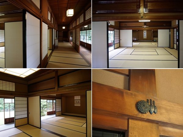 左上／和館の1階部分は、座敷と座敷に入る前の畳廊下、そして和館の周囲をぐるりと巡る板張りの廊下という造り。畳廊下は主人や家族、客人の動線で、使用人は板張り廊下を使った。左下／12畳半の座敷と10畳の次の間からなる二の間。桧板の棹縁(さおぶち)天井、桧の一枚板でつくられた欄間、黒漆喰の建具と良質の素材が使われている。右上／18畳の座敷と15畳の次の間、6畳の鞘の間からなる一の間。客をもてなす部屋として、もとは豪華な昇降式のシャンデリアが付いていたという。棹縁天井は桐板張、欄間も桐の一枚板と、二の間よりも一段といい素材。右下／釘の頭を隠すための装飾具、釘隠しは、桐と菊の模様。どのような客を迎えてもいいように格式あるものとした