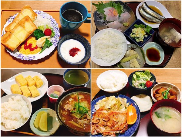 左側2点が朝食、右側が夕食の写真。毎日食べても飽きないようにバリエーション豊富