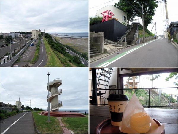左は日和山展望台とそこからの風景、右はかつての日和山とその中腹にあるカフェ日和山五合目からの風景