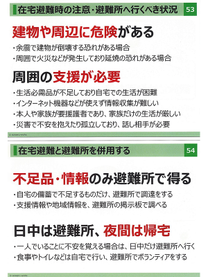 避難するかしないかの判断は、建物や周囲の状況、自分自身に支援が必要かどうかなどで判断したい（上）自宅で一人でいるのは心細いなどという場合は、昼間だけ避難所で過ごすという選択肢もある（下）