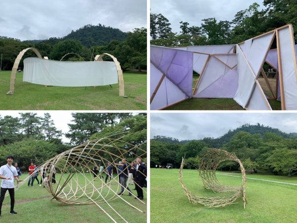 各班のフォーリー、１班「第四の鳥居」（左上）、４班「記憶で結ばれる」（右上）、５班「結びを見上げて」（左下）。７班「いと」（右下）