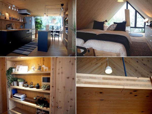 SDGsハウスのリビング（左上）と2階ロフトの寝室（右上）。夫婦二人の別邸がコンセプトで、間取りは3LDK、延床面積は120.06m2とこぢんまりしているが、機能性は十分。木材がふんだんに使われ、木の香りが漂う。インテリアコーディネートはイケアが担当。商品の使用イメージを伝えるショールームとしても機能しているという（左下）。壁や床に使われた「CLT」の構造がよくわかる断面。木の繊維が直交するように重ね合わされており、エコなだけでなく強度も十分（右下）