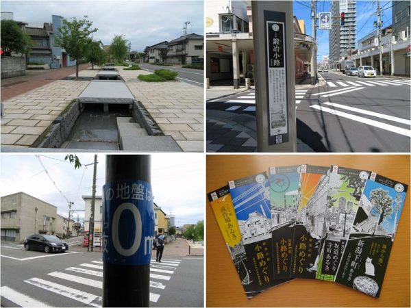 左2点は早川堀とその標高。右2点は市内の至るところで見かけるまちのお宝を紹介する掲示、それを落とし込んだマップ