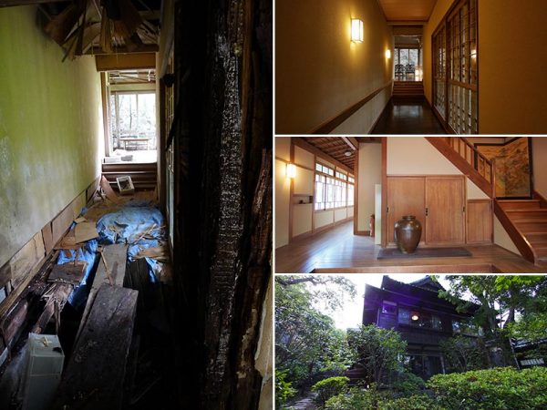 雨漏りなどで傷みの激しかった「洛味荘」は、廊下の天井が落ち、床は抜け、歩くのも危険な状態だった（写真左）。残せる部分を活かしながら構造を補強し、元の優美なデザイン（右上）に修復。外壁は、修復した部分と既存の部分が分からないよう塗装するなど、修復作業は実に繊細な作業の連続だった