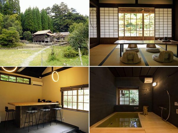 左上／クラシックレールウェイホテル人吉球磨の外観。手前の建物は以前の持ち主が建てたもので築15年ほど。現在は宿のバックヤードとして使っている。奥が登録有形文化財の旧国鉄駅長宿舎。文化庁の「国指定文化財等データベース」によれば「全国的にも残存例が少ない明治期の鉄道官舎建築のひとつ」という　右上／畳の部屋から縁側を挟んで庭を望む。少しゆらぎのある古いガラスにノスタルジックな趣がある　左下／元厨房はカウンターキッチンに　右下／ヒノキの香り豊かな浴室。風呂桶などは地元の工芸品である「一勝地曲げ」（右下写真提供：クラシックレールウェイホテル）