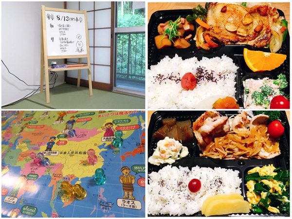 その日のメニューが毎日掲示される。リビングに貼られた世界地図の上にはこれまでに入居した人の国にピンが。右の2点はお弁当