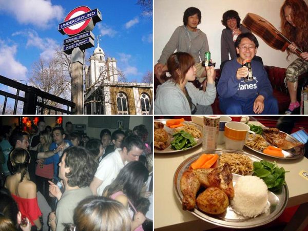 左上）ベスナル・グリーン駅。庶民的なお店が多く、ロンドンの下町といったエリア</br>右上）スピタルロンドンハウスではゲスト同士の交流も　</br>左下）原田さん自らロンドンのクラブシーンをゲストたちに案内することも多かった　右下）ゲストハウスの食事