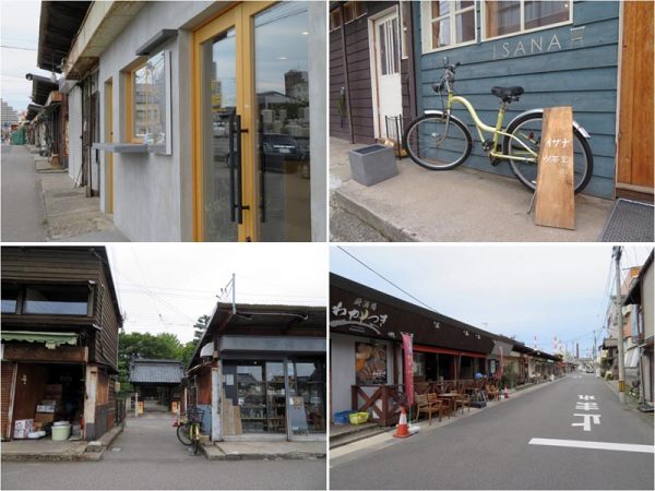 一列に店が並ぶ裏側にはほとんど空いてしまった飲食店街があり、道を挟んでは寺が続く一角。この通りにだけしゃれた雰囲気の店が並ぶ