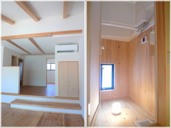 左）心地よい木の香りに包まれた室内（写真は1階）</BR>右）浴室はエコアパ風ヒノキ風呂</BR>建築・施工は、地元の菊池工務店が担当。「環境に特化した建築を手がける工務店に依頼するという選択肢もあるのかもしれませんが、今後も続くメンテナンスのことを考えると、近所に信頼できる工務店があるというほうが心強いと思いました」（平田さん）

