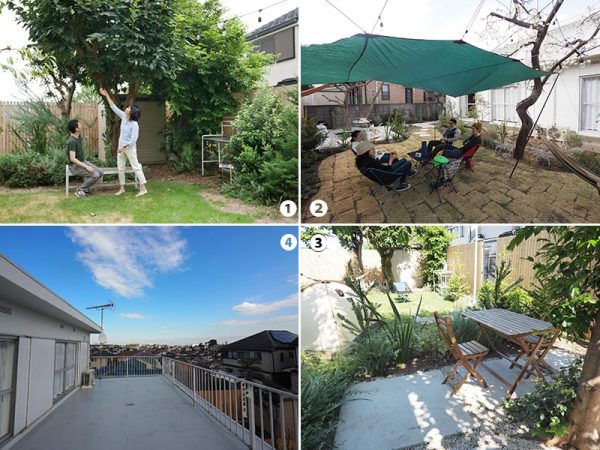 ①オーナー夫妻（筆者撮影）②入居者同士集まってワイワイ楽しいひととき③木陰のテラスにはコンセントが完備。外でパソコン作業もできる④専有部となる2階のテラスでは、この部屋の住人の招待でホームパーティが開催されることもあるのだとか。「丘の上に立っているので見晴らしがよくて、ここで飲むお酒は最高なんですよ」（オーナー）