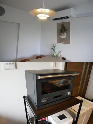 ルイスポールセンの照明がアクセントになっているキッチン（写真上）。バルミューダのオーブンレンジ（写真下）も完備。余計なものはもたず、好きなものや必要なものにはお金を惜しまないデンマークの暮らしがお手本に。<br>自分の好きな紅茶をいれてみる、お気に入りのアート作品や花を飾る、そういったこともヒュッゲな暮らしのひとつ（筆者撮影）