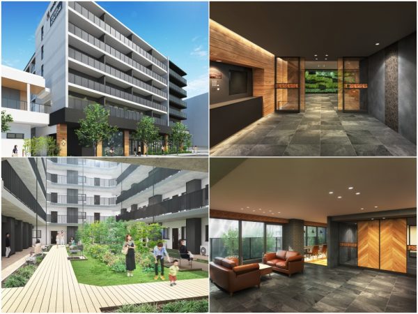 写真左上から時計回りに、外観、エントランスホール、エントランスラウンジ、中庭（完成イメージ）。</br>分譲マンションを思わせる高級感のあるつくりだ