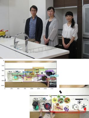 （上）キッチンラボはリニューアルを予定。新しいキッチンスタイルでの調査も予定しているとか。キッチンラボにて、調査・分析を担当する、左から濵龍太郎さん、高久由香里さん、齋藤梓さん　（下）AIによるモノの検出と追跡の画像例。モノの場所、動きが確認できる